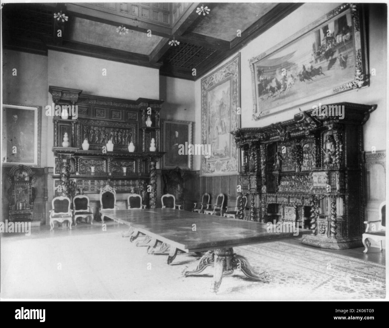 Interior of John R. McLean House, 1500 I St., N.W., Washington, D.C. - view of dining room showing mantel &amp; cupboard, c1907. Stock Photo