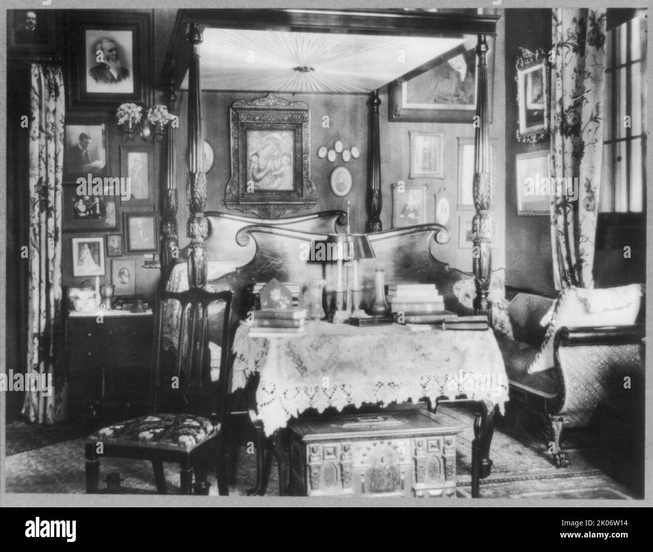 Mrs. Phoebe Apperson Hearst's home, Pleasanton, Cal.: interior; detail of bedroom, 1920s. Stock Photo