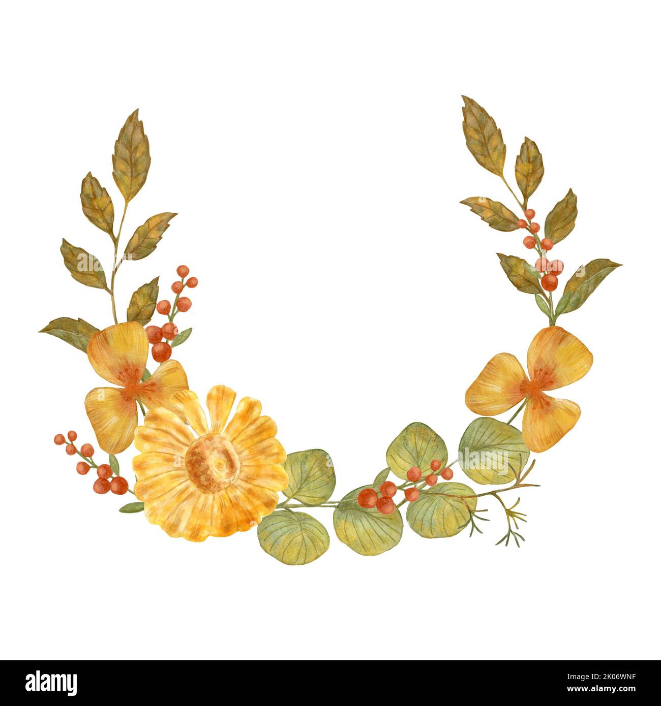 Autumn flowers and red berries. Autumn wreath with leaves and yellow ...