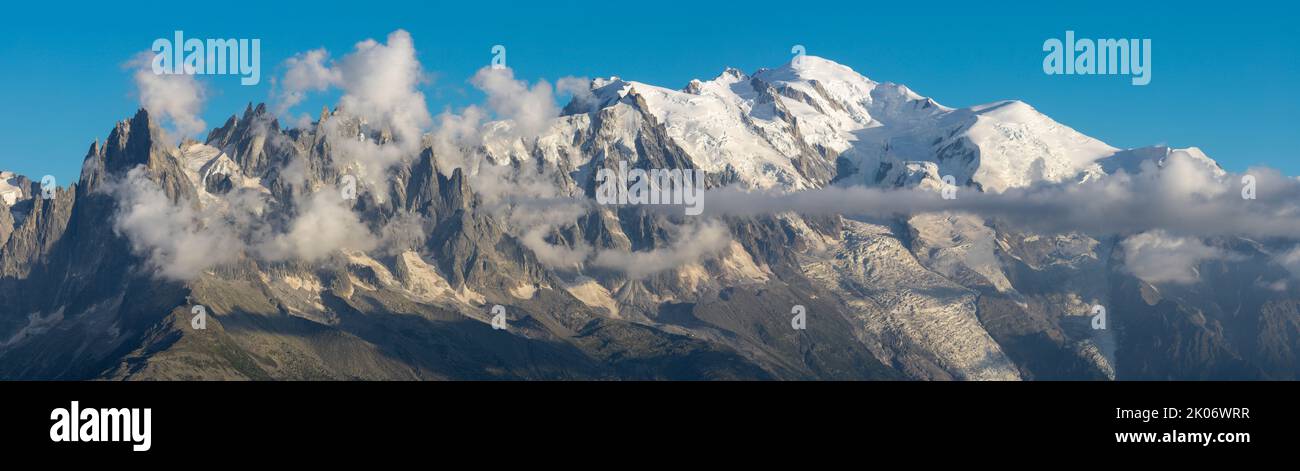 The panorama of Mont Blanc massif  Les Aiguilles towers. Stock Photo