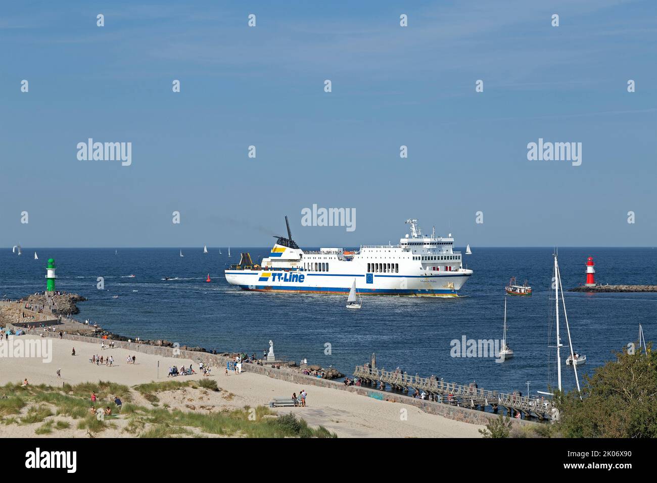 TT-Line ferry, lighthouses, Baltic Sea, River Warnow, Hanse Sail, Warnemünde, Rostock, Mecklenburg-West Pomerania, Germany Stock Photo