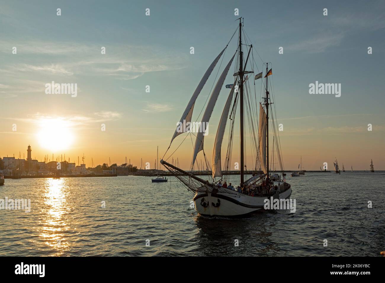 sailing ship, sunset, River Warnow, Hanse Sail, Warnemünde, Rostock, Mecklenburg-West Pomerania, Germany Stock Photo