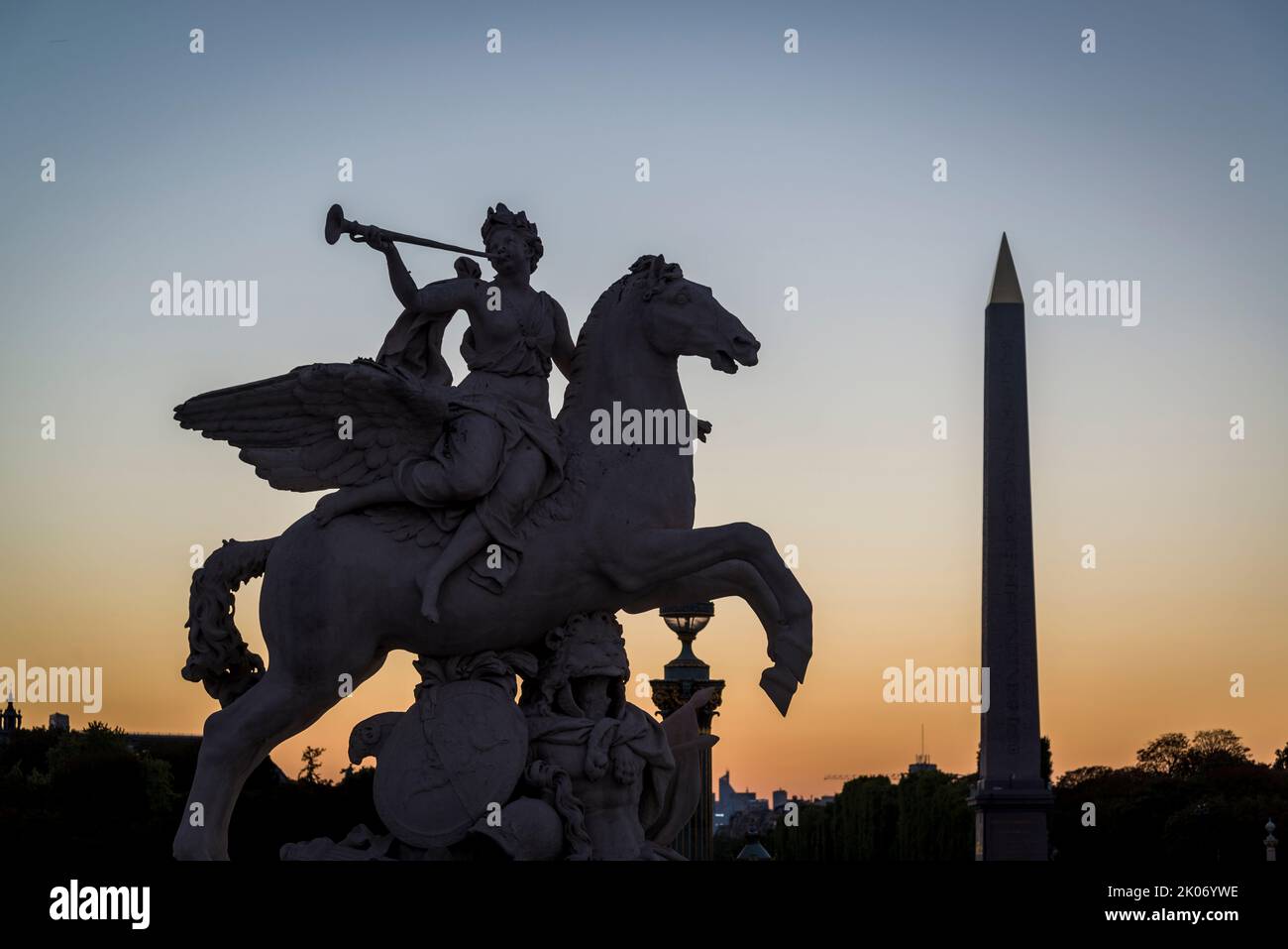 Detail of Place de la Concorde, Major public square, scene of executions, decorated with statues & an Egyptian obelisk at sunset, Paris, France Stock Photo