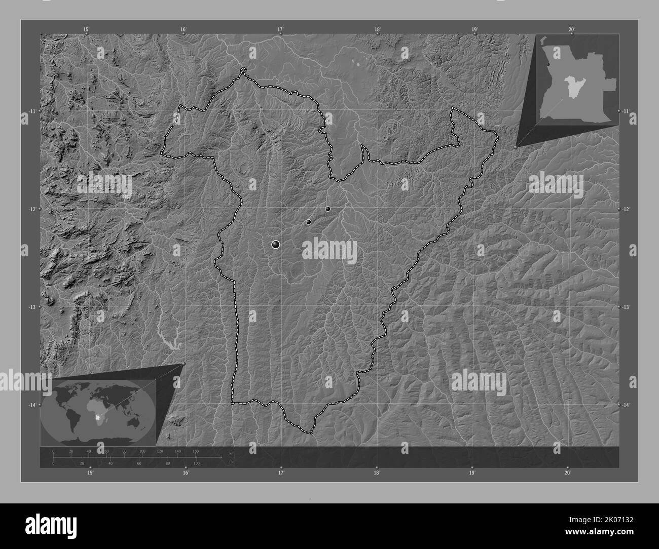Bie, province of Angola. Bilevel elevation map with lakes and rivers ...