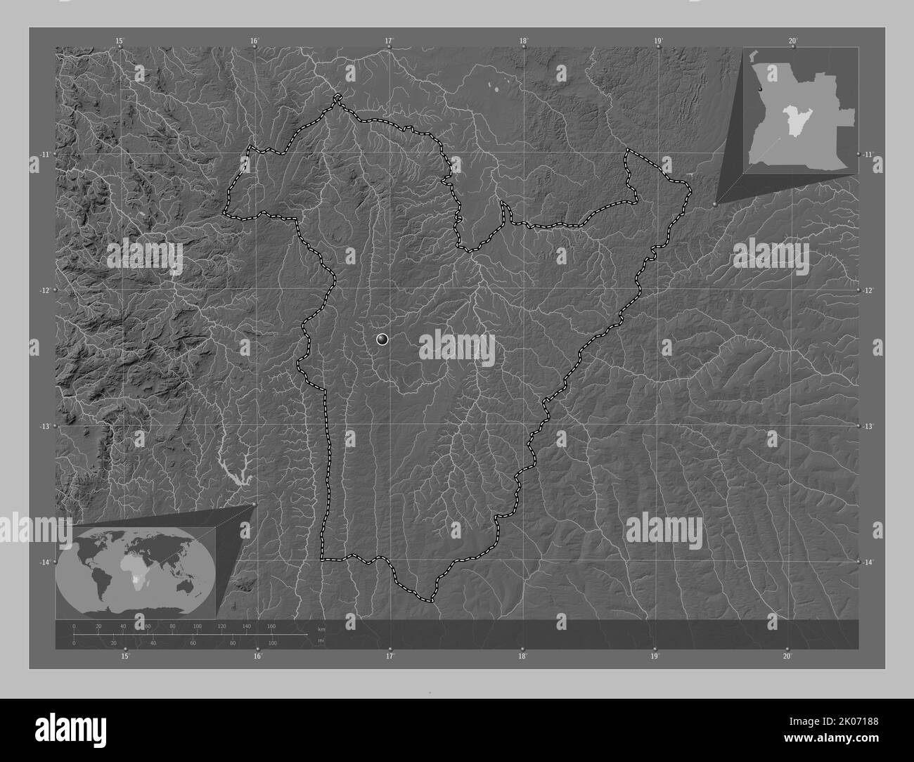 Bie, province of Angola. Grayscale elevation map with lakes and rivers ...