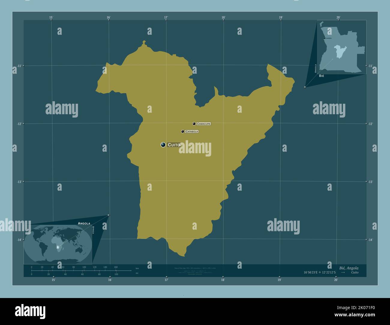Bie, province of Angola. Solid color shape. Locations and names of ...