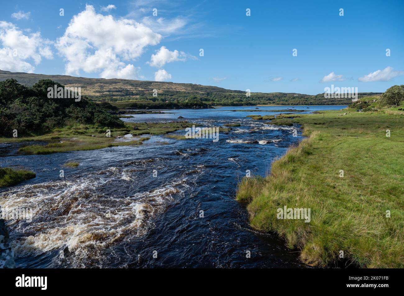 Looking out to see from a bridge in the village of Dervaig on the Isle of Mull in the Inner Hebrides, Scotland Stock Photo
