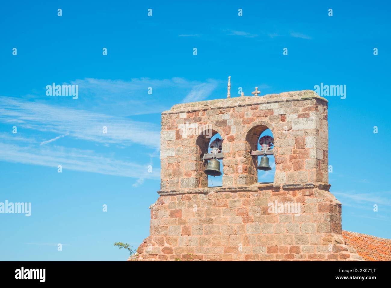 Steeple of Santa Maria de Tiermes church. Tiermes, Soria province, Castilla Leon, Spain. Stock Photo