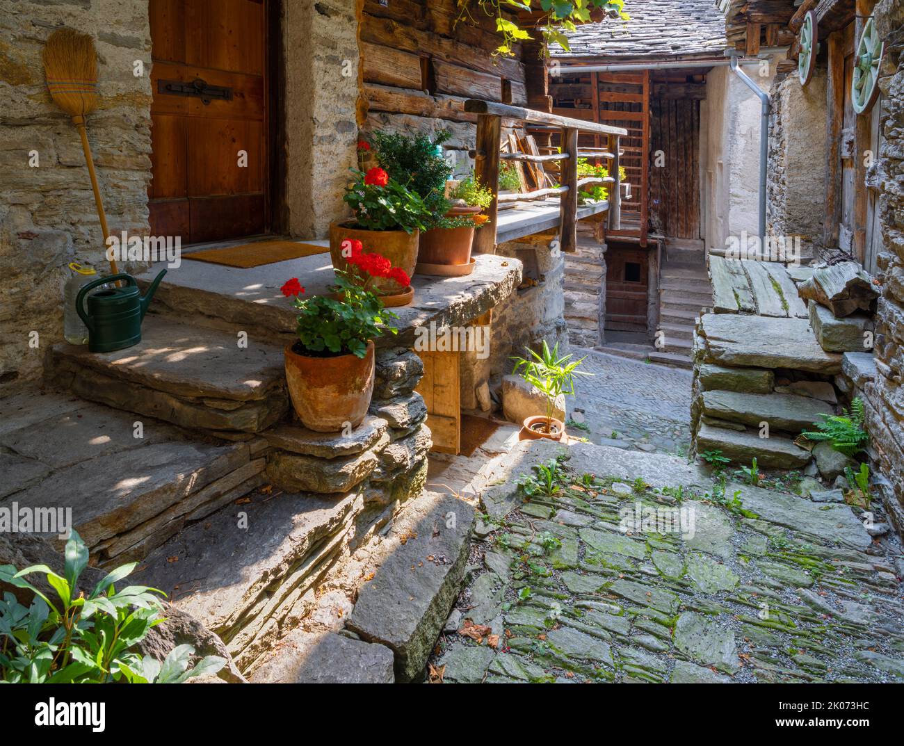 The rural architecture of Soglio village in the Bregaglia range - Switzerland. Stock Photo