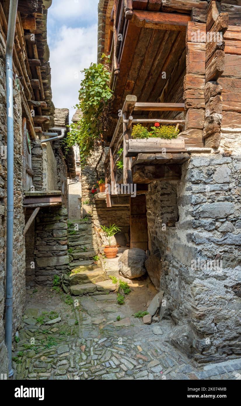 The rural architecture of Soglio village in the Bregaglia range - Switzerland. Stock Photo