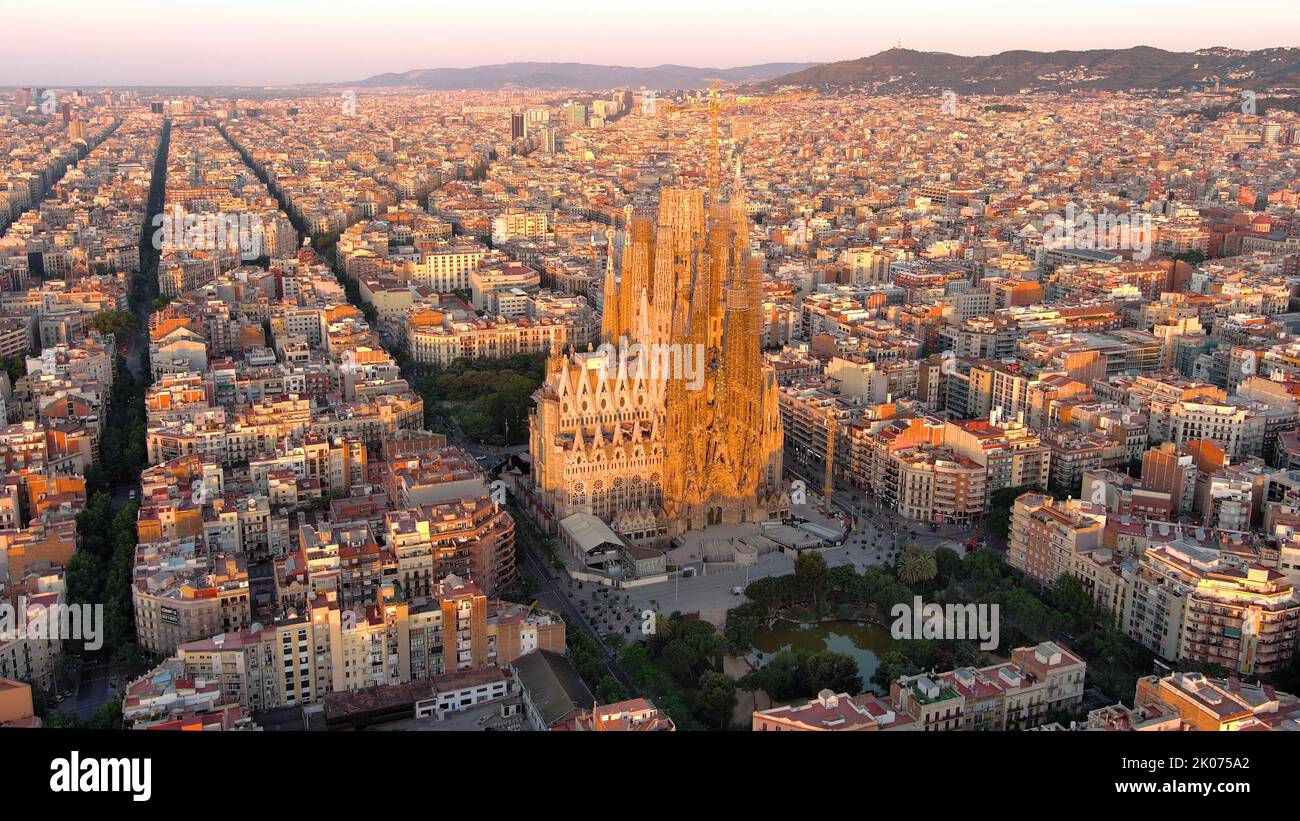 Barcelona Example Aerial view of Barcelona city skyline and Sagrada Familia Cathedral ...