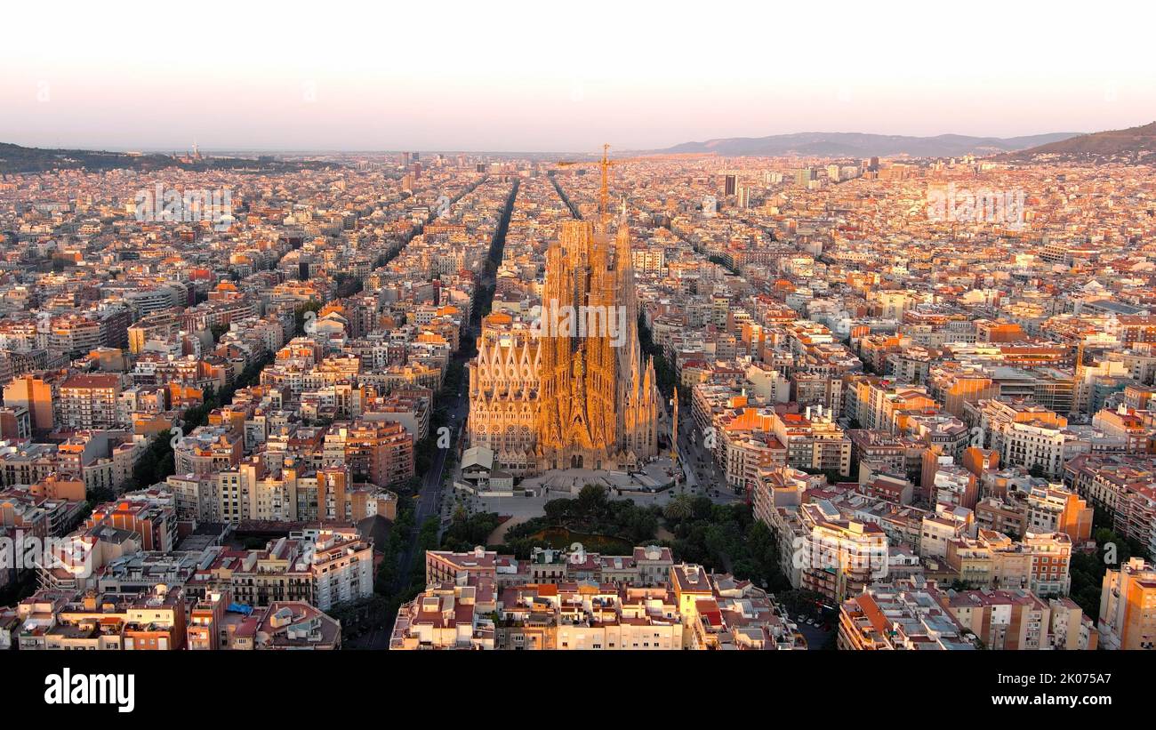 Barcelona Example Aerial view of Barcelona city skyline and Sagrada Familia Cathedral ...