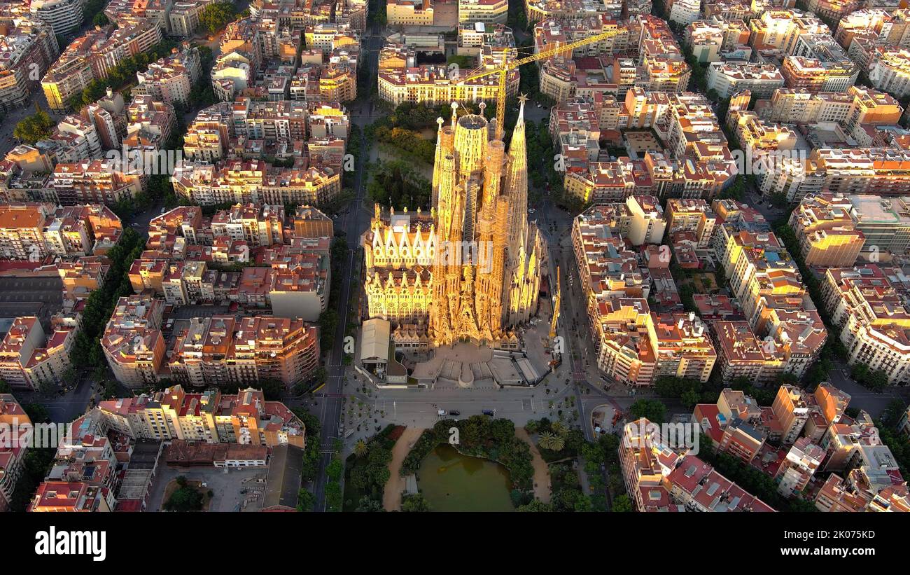 Barcelona Example Aerial view of Barcelona city skyline and Sagrada Familia Cathedral ...