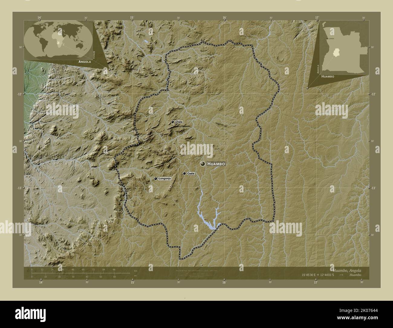 Huambo, province of Angola. Elevation map colored in wiki style with ...