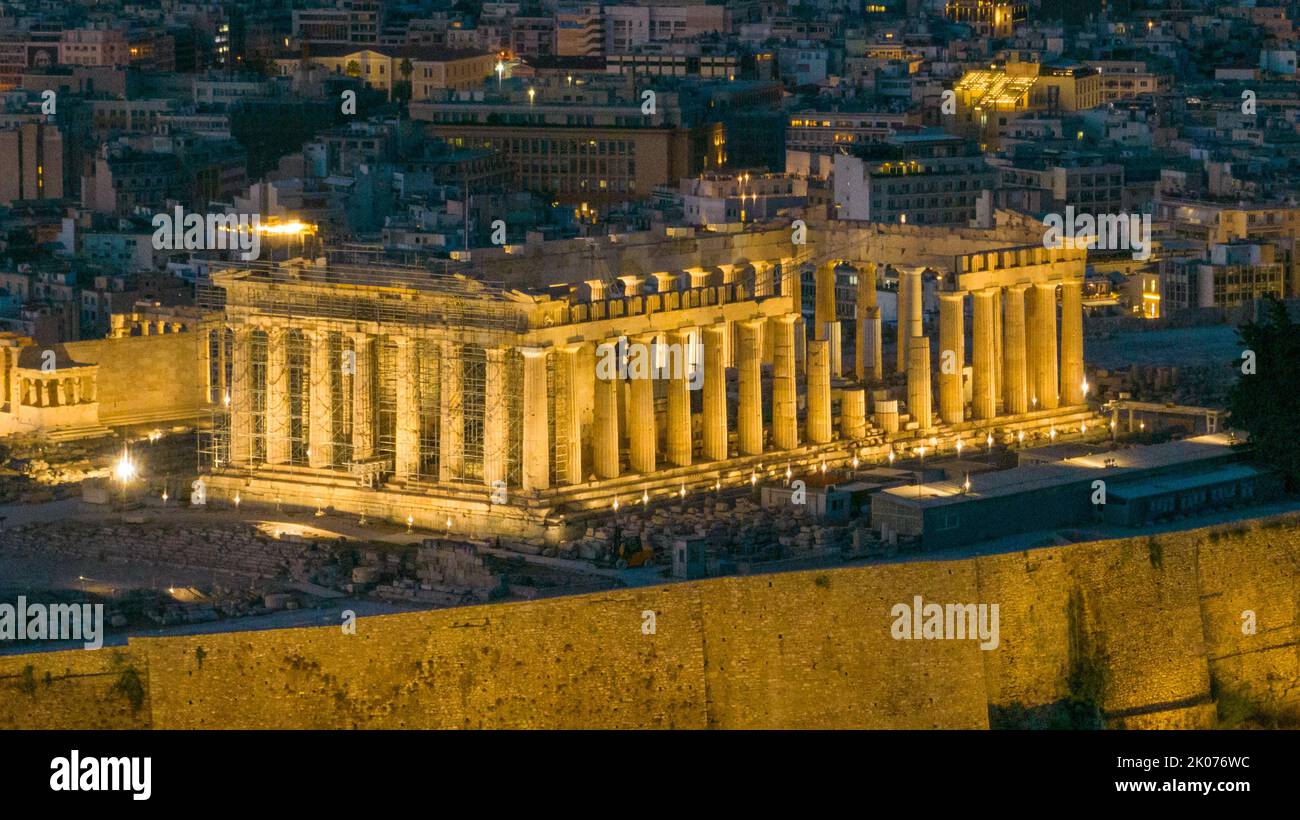 Aerial view of the Parthenon at the Acropolis of Athens, Greece at dusk Stock Photo