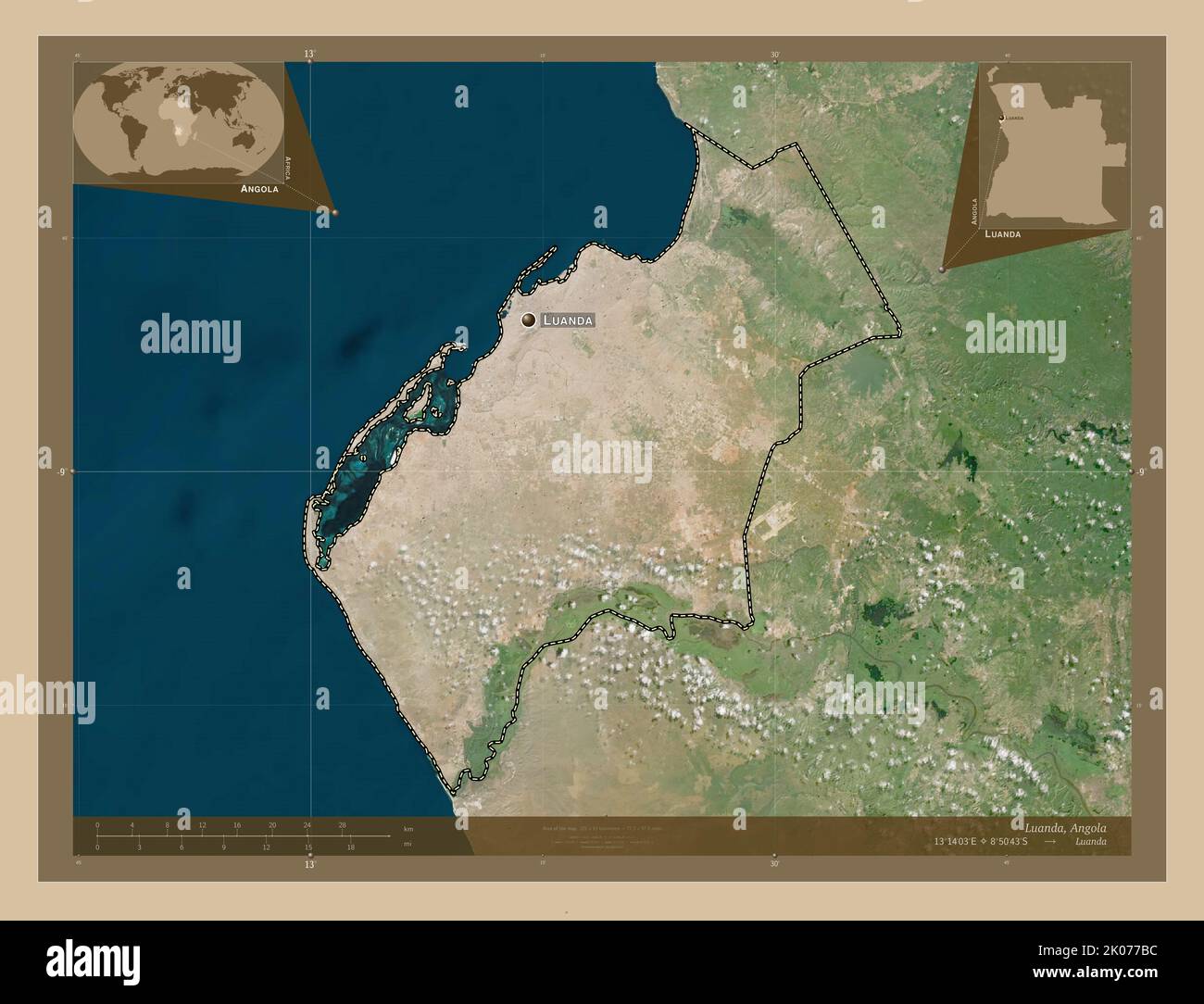Luanda, province of Angola. Low resolution satellite map. Locations and