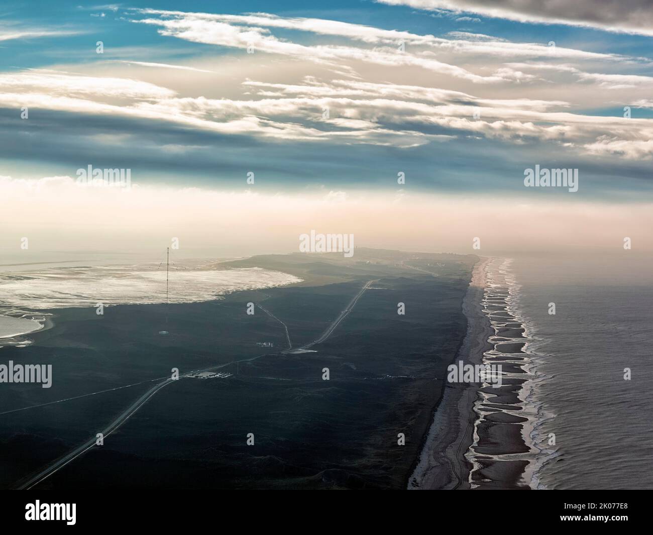 Coastline, dunes from Ratum to Hoernum, LORAN-C transmitter mast, haze, aerial view, Sylt, North Frisian Islands, North Sea, Schleswig-Holstein Stock Photo