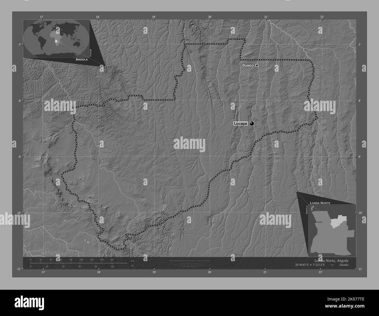 Lunda Norte, province of Angola. Bilevel elevation map with lakes and ...