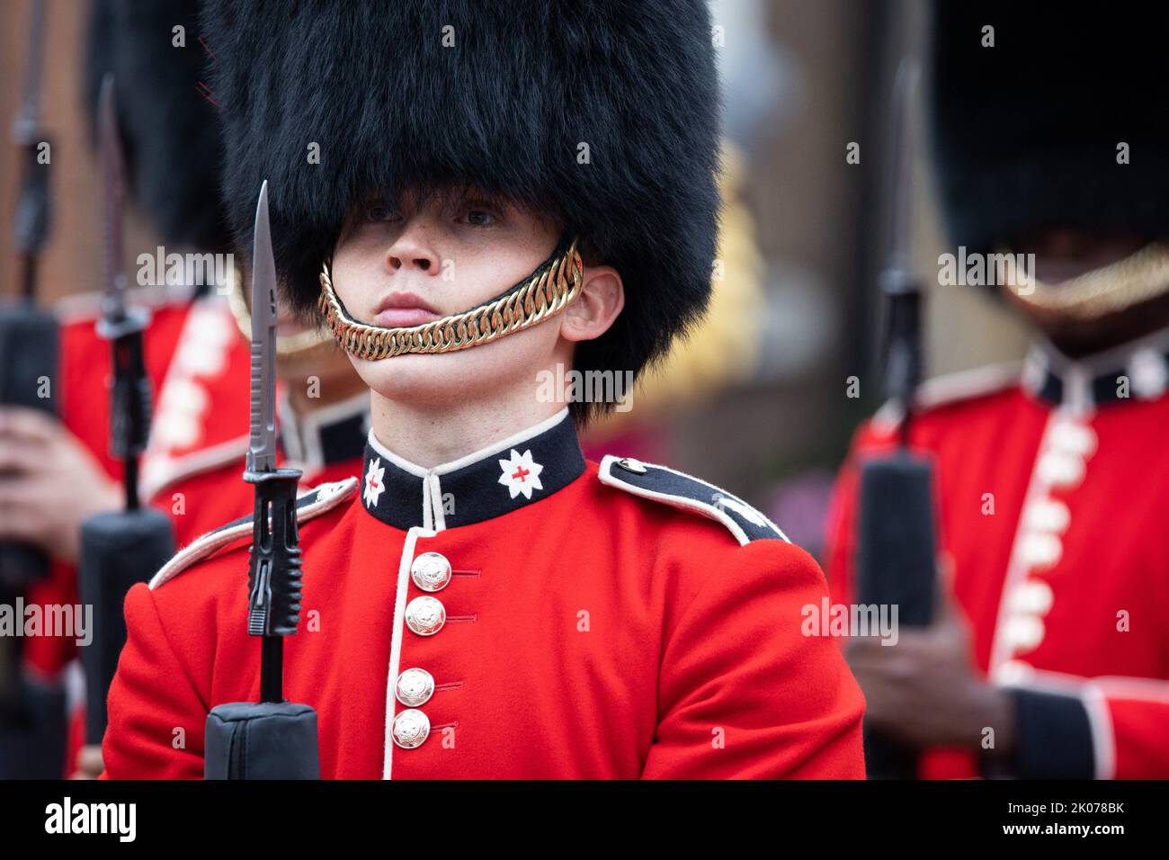 Welsh Guards during the principal Proclamation from the balcony overlooking Friary Court after the Accession Council at St James Palace, as King Charles III is formally proclaimed Britain new monarch, following the death of Queen Elizabeth II, in London, Britain September 10, 2022. Photo by Raphael Lafargue/ABACAPRESS.COM Stock Photo