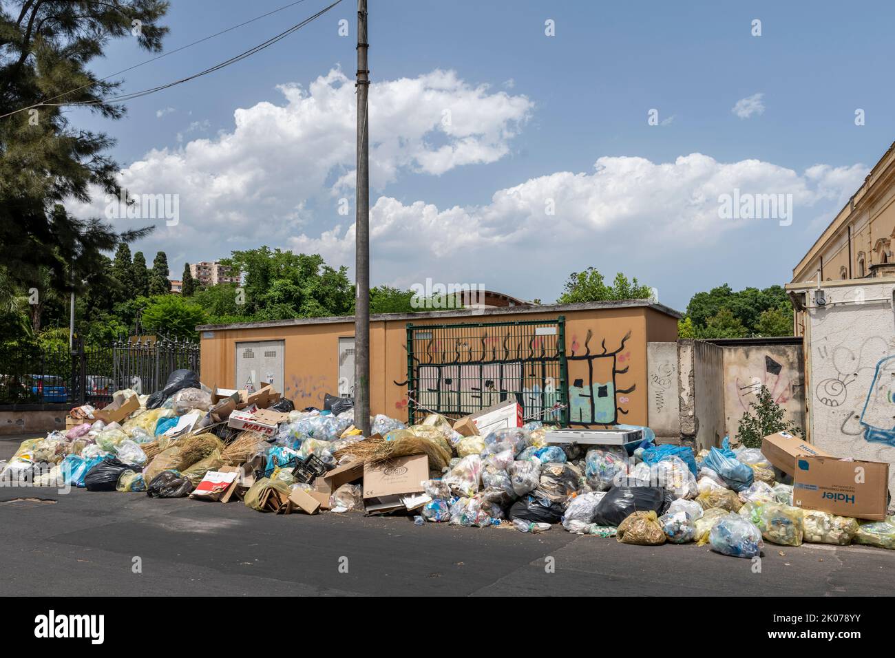 A huge heap of domestic refuse on a street in Catania, Sicily, Italy. Proper waste disposal is a