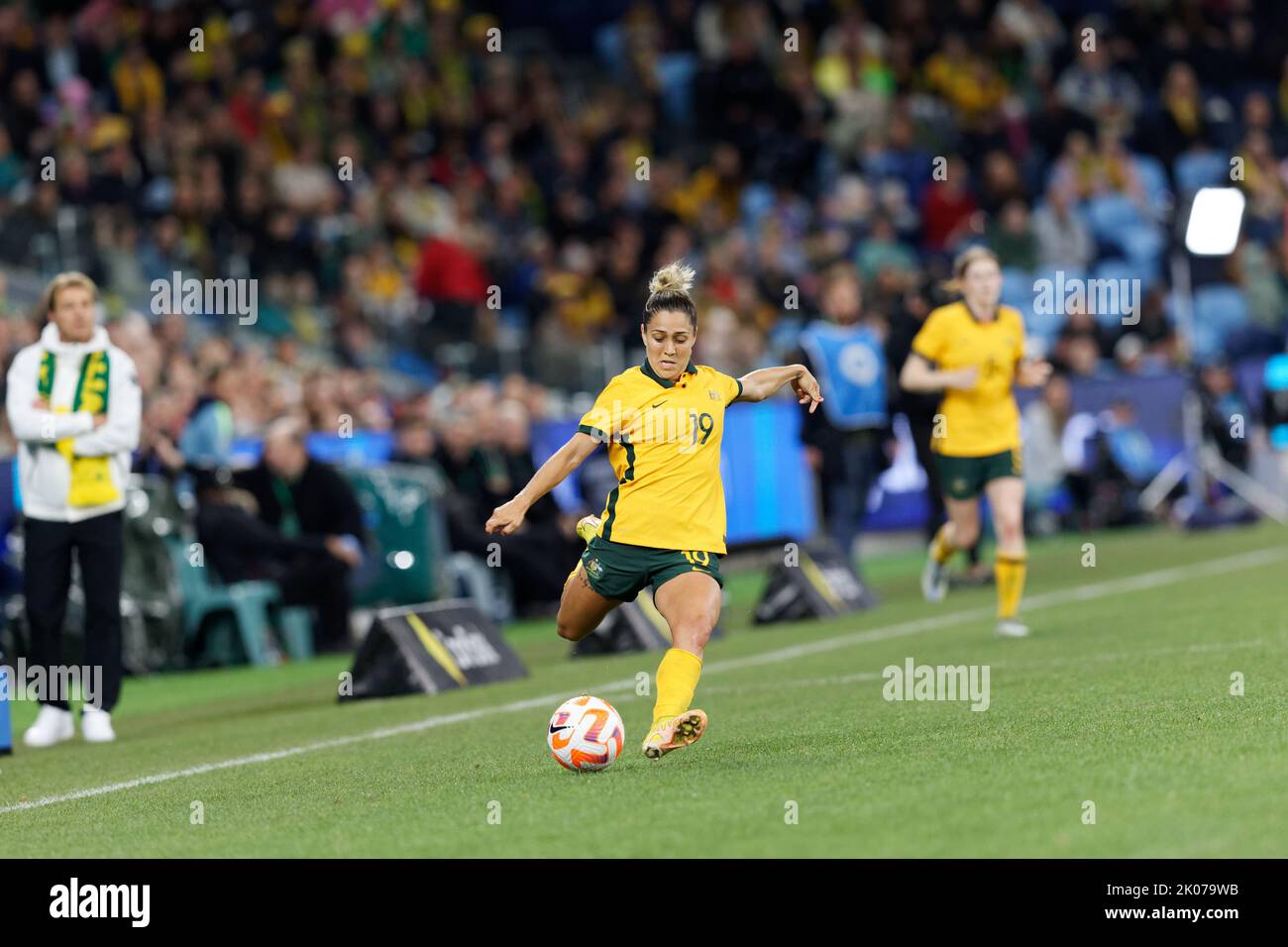 SYDNEY, AUSTRALIA - SEPTEMBER 6: Katrina Gorry of Australia kicks the ball during the International Friendly Match between Australia and Canada at All Stock Photo