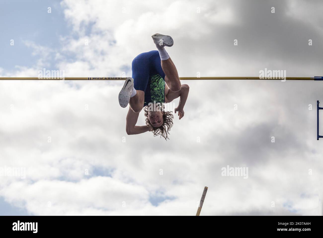 A pole vaulter in action at the Great North City Games which  were held in  Stockton on Tees, England ,UK in the High Street Stock Photo