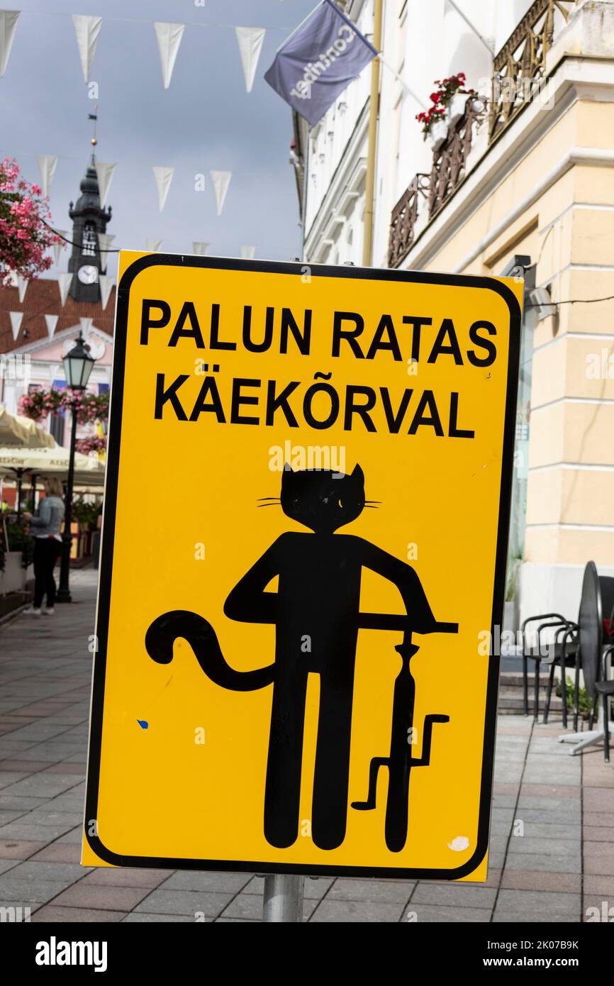 Funny Estonian sign, please push your bike, Tartu, Estonia, Baltics, Europe Stock Photo