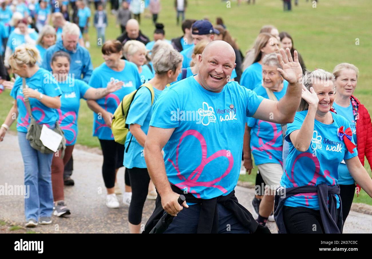 Walkers at Alzheimer's Society's fundraising Memory Walk at Wollaton Park in Nottingham. It is Vicky's 12th year taking part, in remembrance of her grandmother Iris, who lived with dementia before she died in 2015. Picture date: Saturday September 10, 2022. Stock Photo
