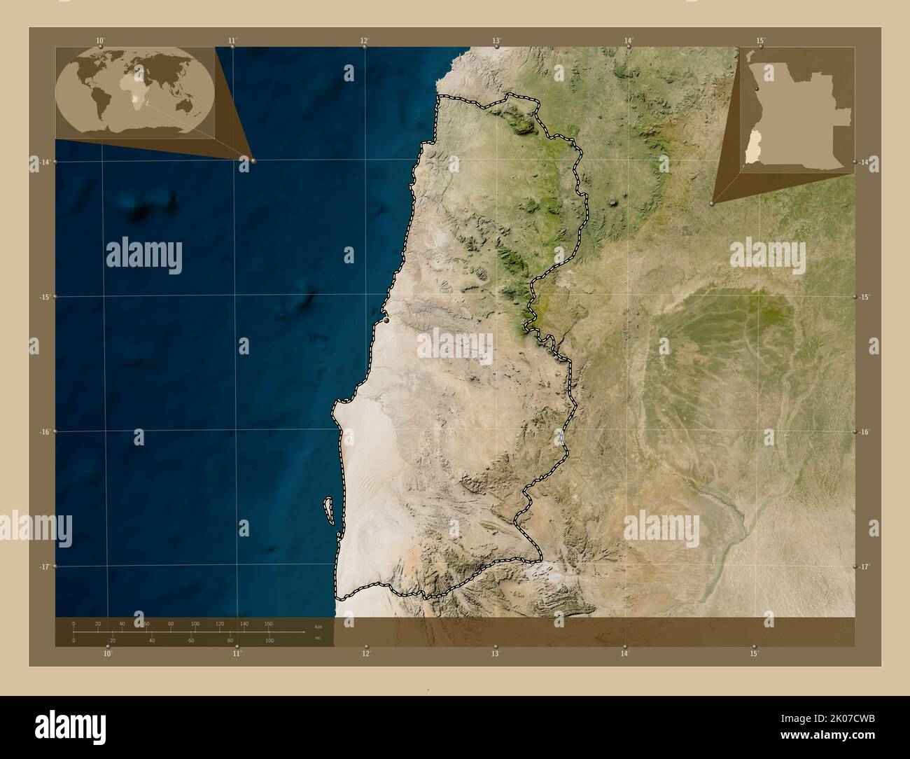 Namibe, province of Angola. Low resolution satellite map. Corner