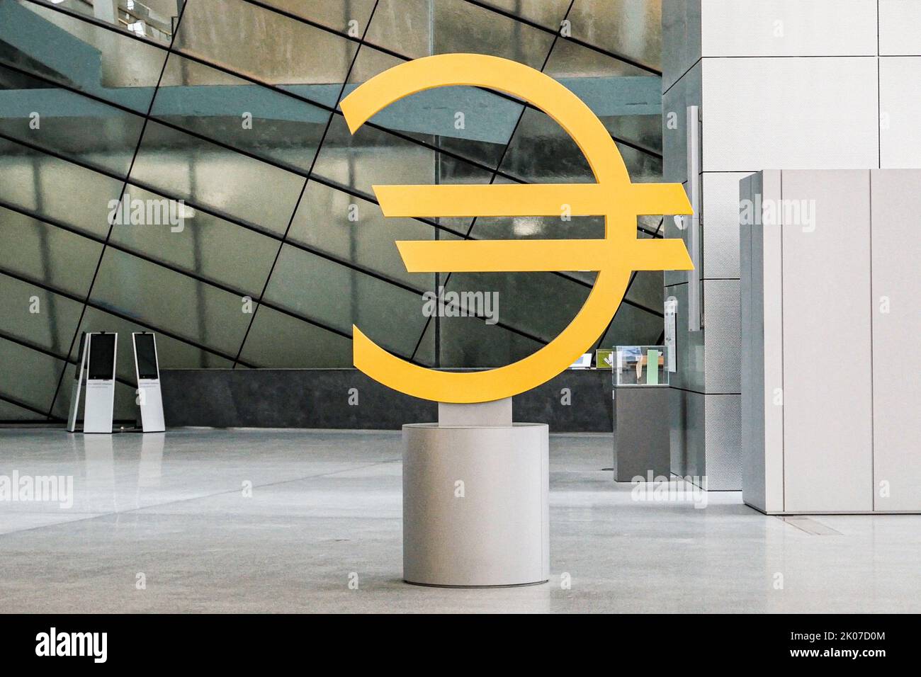 Frankfurt, Germany - July 19, 2022: the Euro sign at the entrance to the new european central Bank building in Frankfurt, Germany. Stock Photo