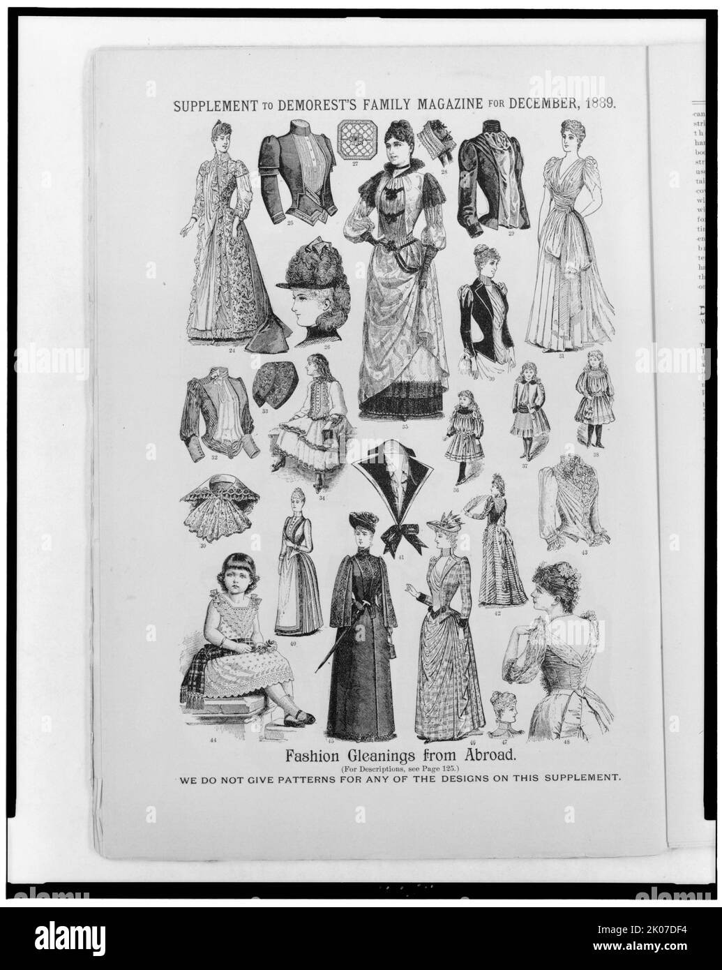 Fashion gleanings from abroad, 1889. Dresses, hats, jackets, and other fashions for women and children. Illus in: Demorest's family magazine, December, 1889, p. 124. Stock Photo