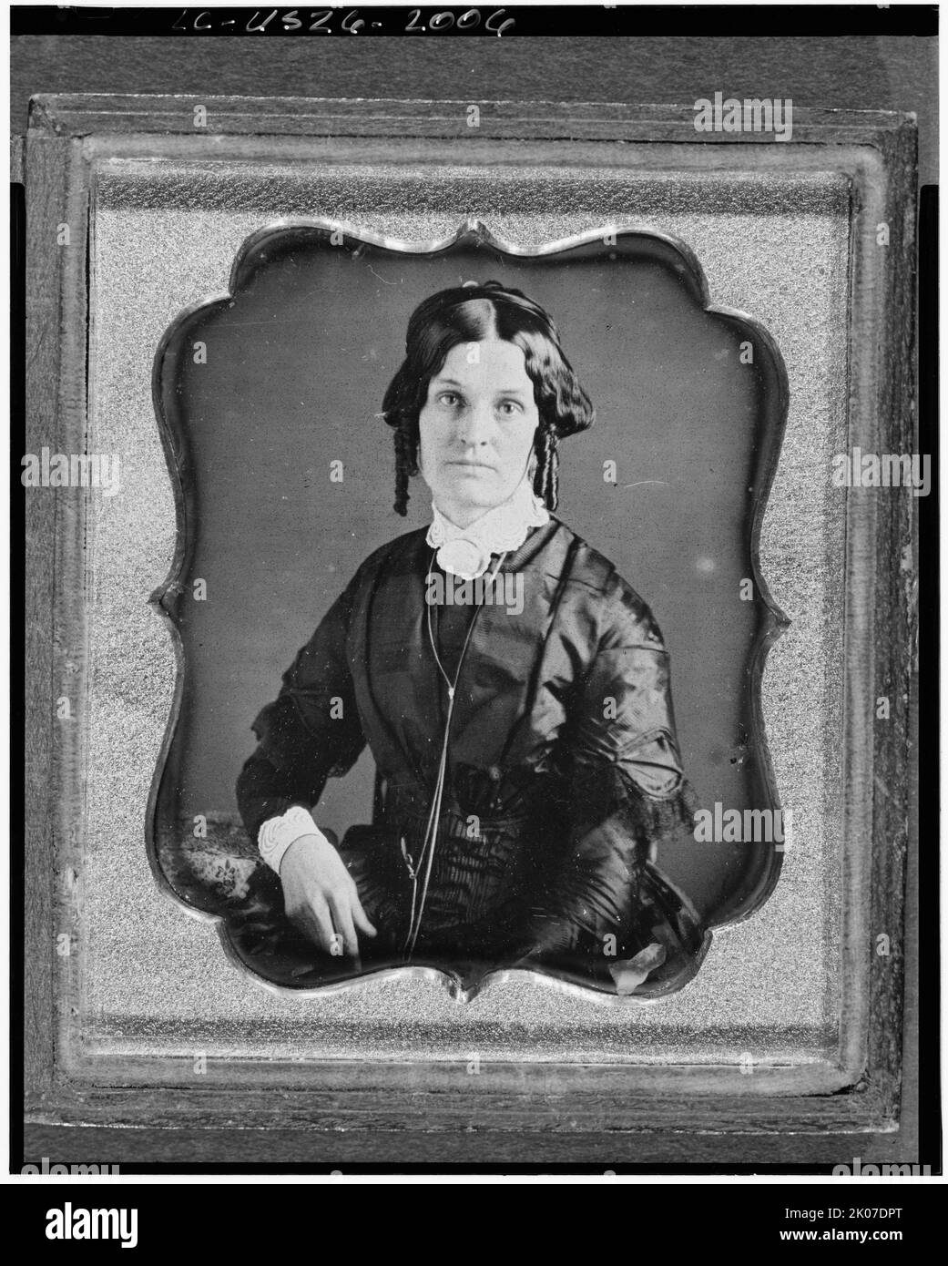 Joannette Clark Benjamin, three-quarter length portrait of a woman, facing front, seated, between 1840 and 1860. Possibly maternal grandmother of photographer Frances Benjamin Johnston. Stock Photo