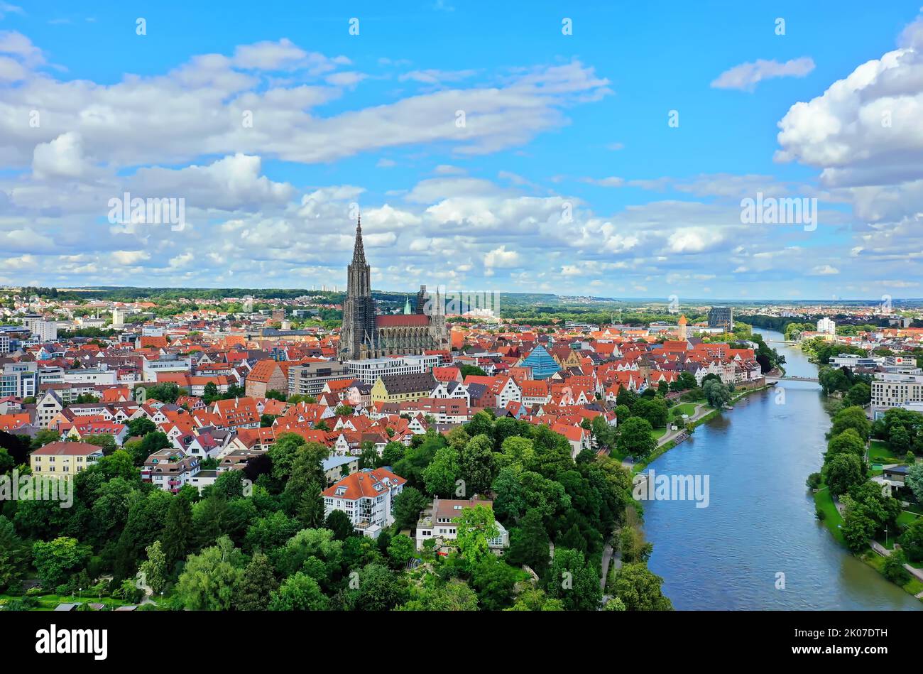 Aerial view of Ulm on the Danube with Ulm Cathedral in fine weather