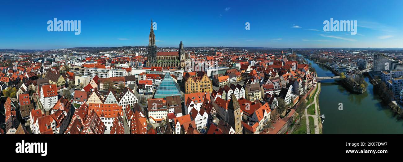 Aerial view of Ulm on the Danube with Ulm Cathedral in fine weather. Ulm, Tuebingen, Baden