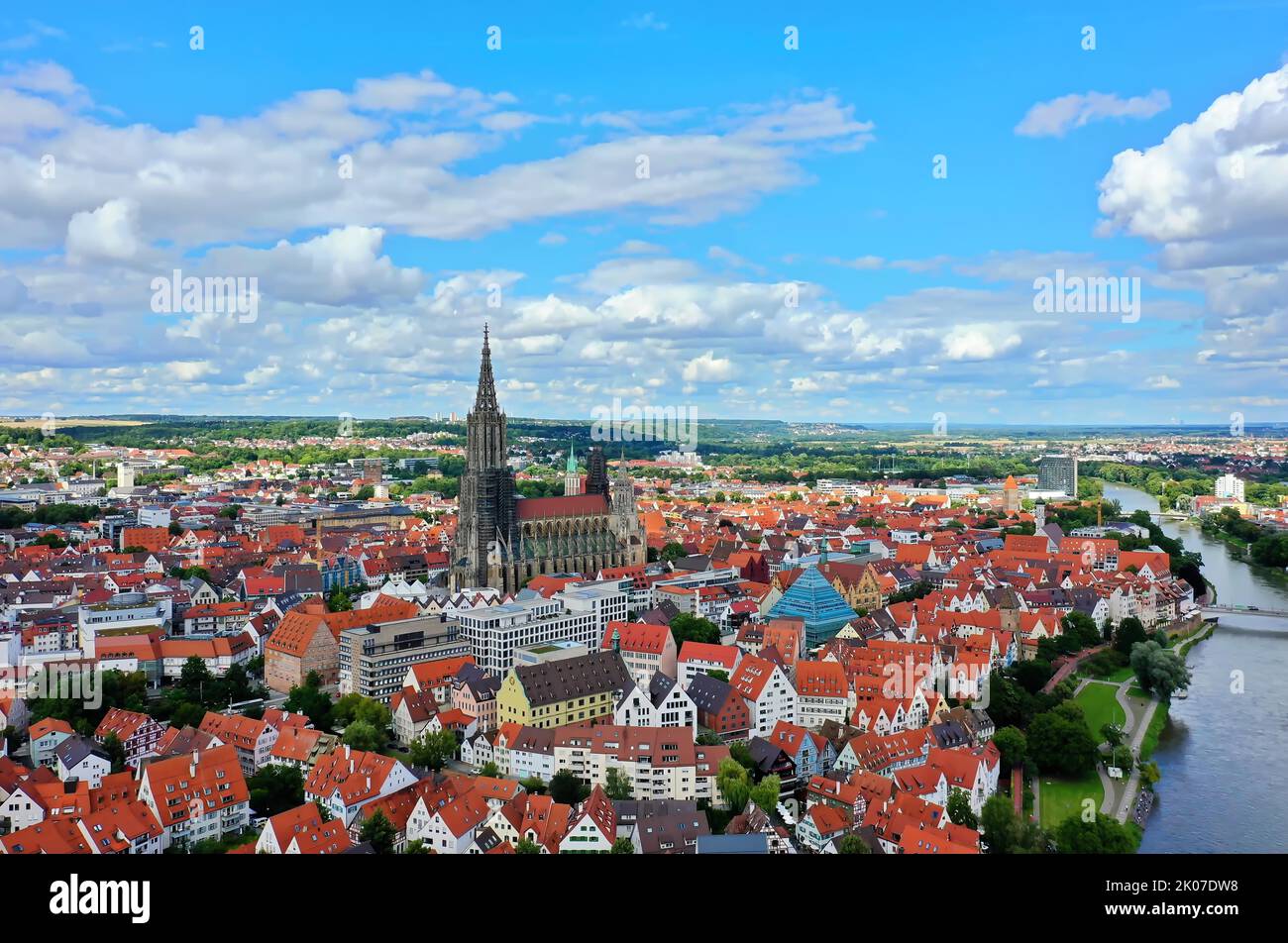 Aerial view of Ulm on the Danube with Ulm Cathedral in fine weather. Ulm, Tuebingen, Baden