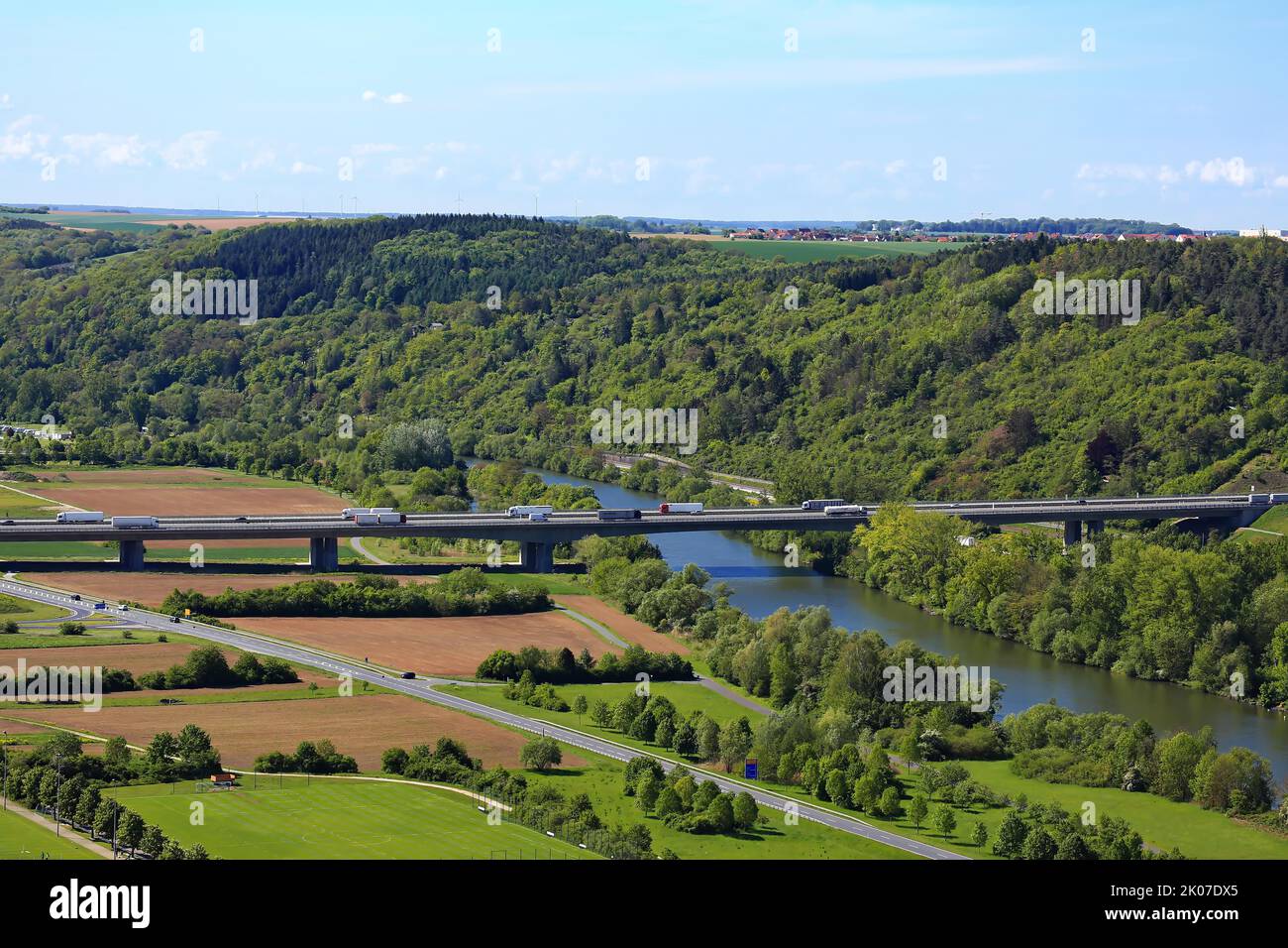Scenic view from the potato tower in Randersacker with a view of the A3. Randersacker, Wuerzburg, Lower Franconia, Bavaria, Germany Stock Photo