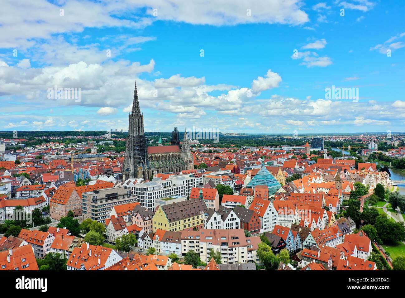 Aerial view of Ulm on the Danube with Ulm Cathedral in fine weather