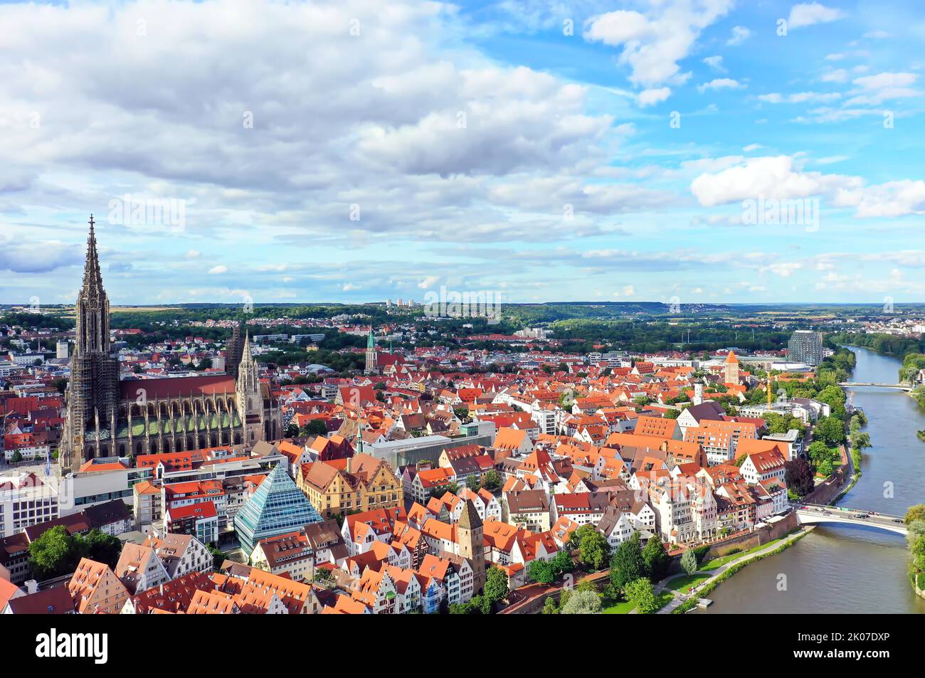 Aerial view of Ulm on the Danube with Ulm Cathedral in fine weather