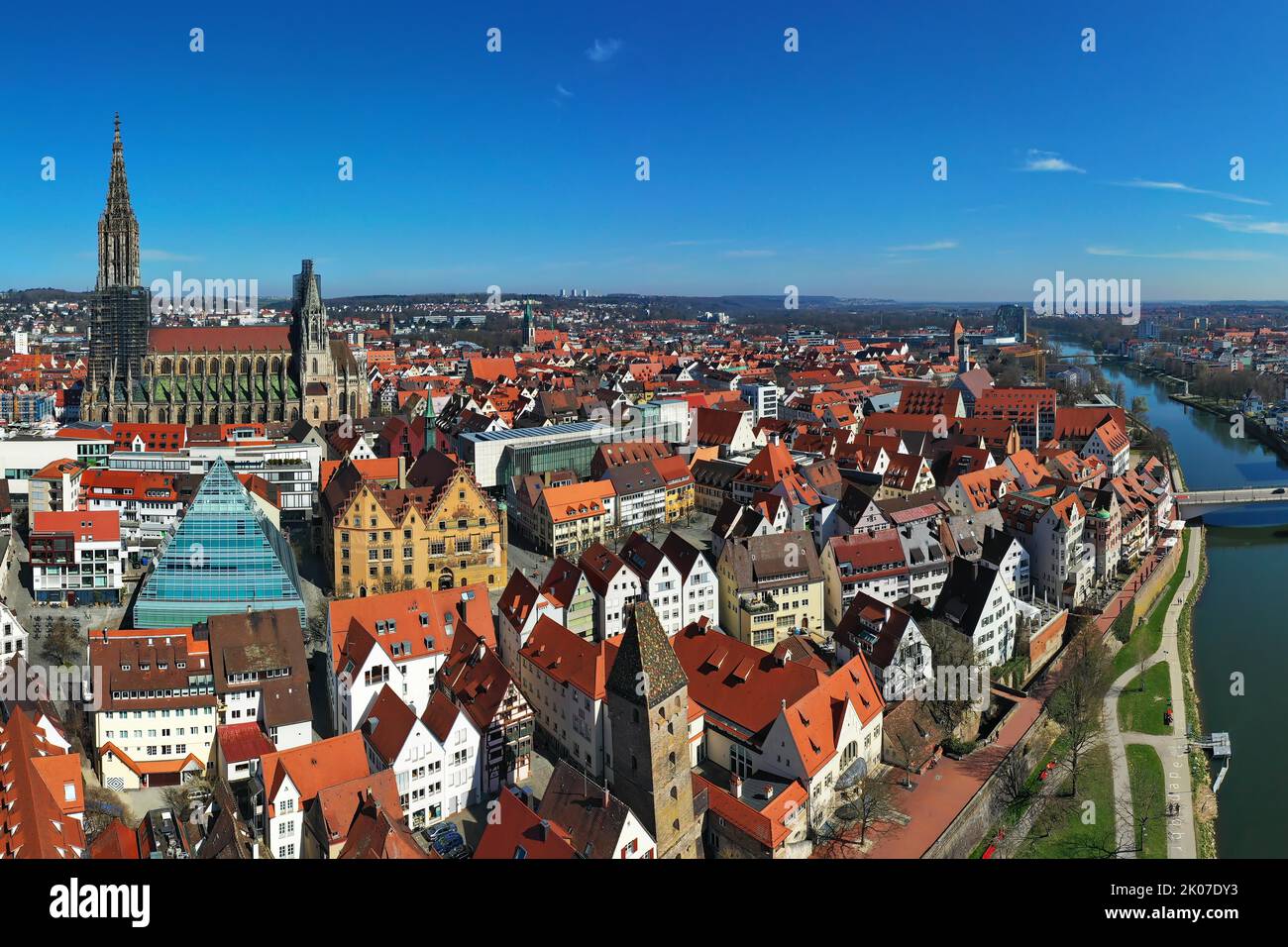 Aerial view of Ulm on the Danube with Ulm Cathedral in fine weather