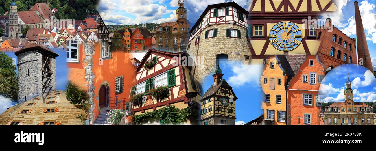 Collage with historical sights of Schwaebisch Hall. Schwaebisch Hall