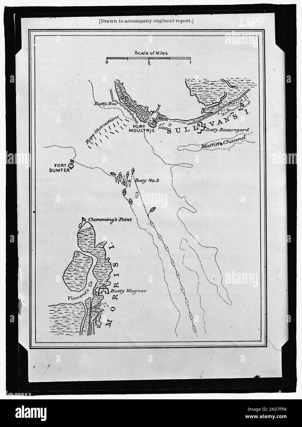 Map showing Fort Sumter and Fort Moultrie, between 1909 and 1914. 'Drawn to accompany engineer report'. Battle site, Charleston Harbour, South Carolina: Battery Bee, rope obstructions, Sullivan's Island, Maffitt's Channel, buoys, Cumming's Point, Vincent's Creek, Morris Island, Battery Wagner. Stock Photo