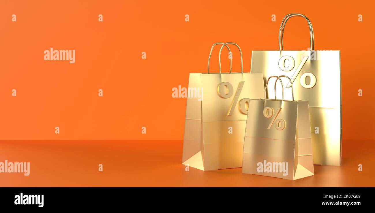 Halloween Sale promotion with luxury golden paper percentage bags on orange background, copy space. Seasonal shopping card, web banner, sale, discount Stock Photo