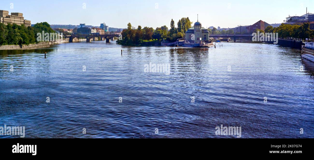 View over the wide Vltava river in Prague Stock Photo