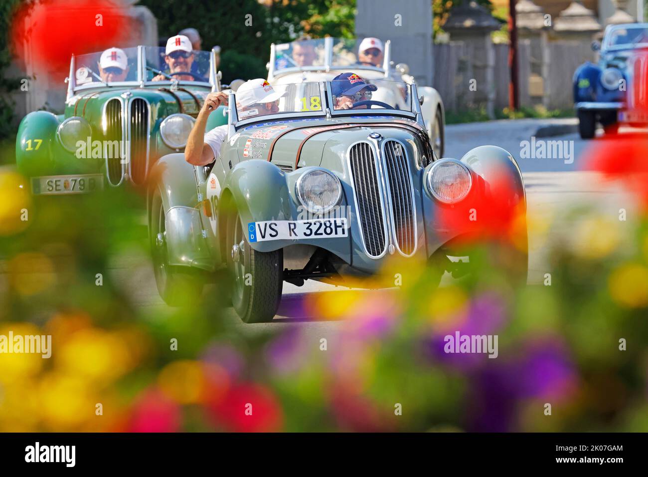 Vintage car rally Ennstal Classic 2022, BMW 328 with exracing driver