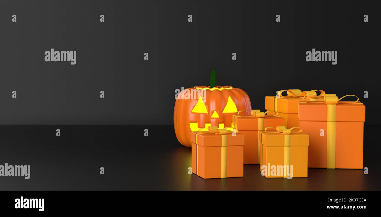 Halloween product display podium, orange gift box and spooky pumpkin on black background, copy space. Seasonal shopping card, web banner, sale card Stock Photo