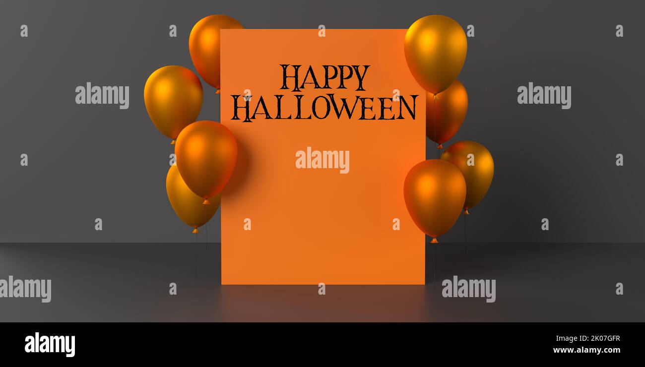Happy Halloween text celebration card with orange flying balloons. Seasonal web banner, sale, discount poster or party invitation template on dark bac Stock Photo