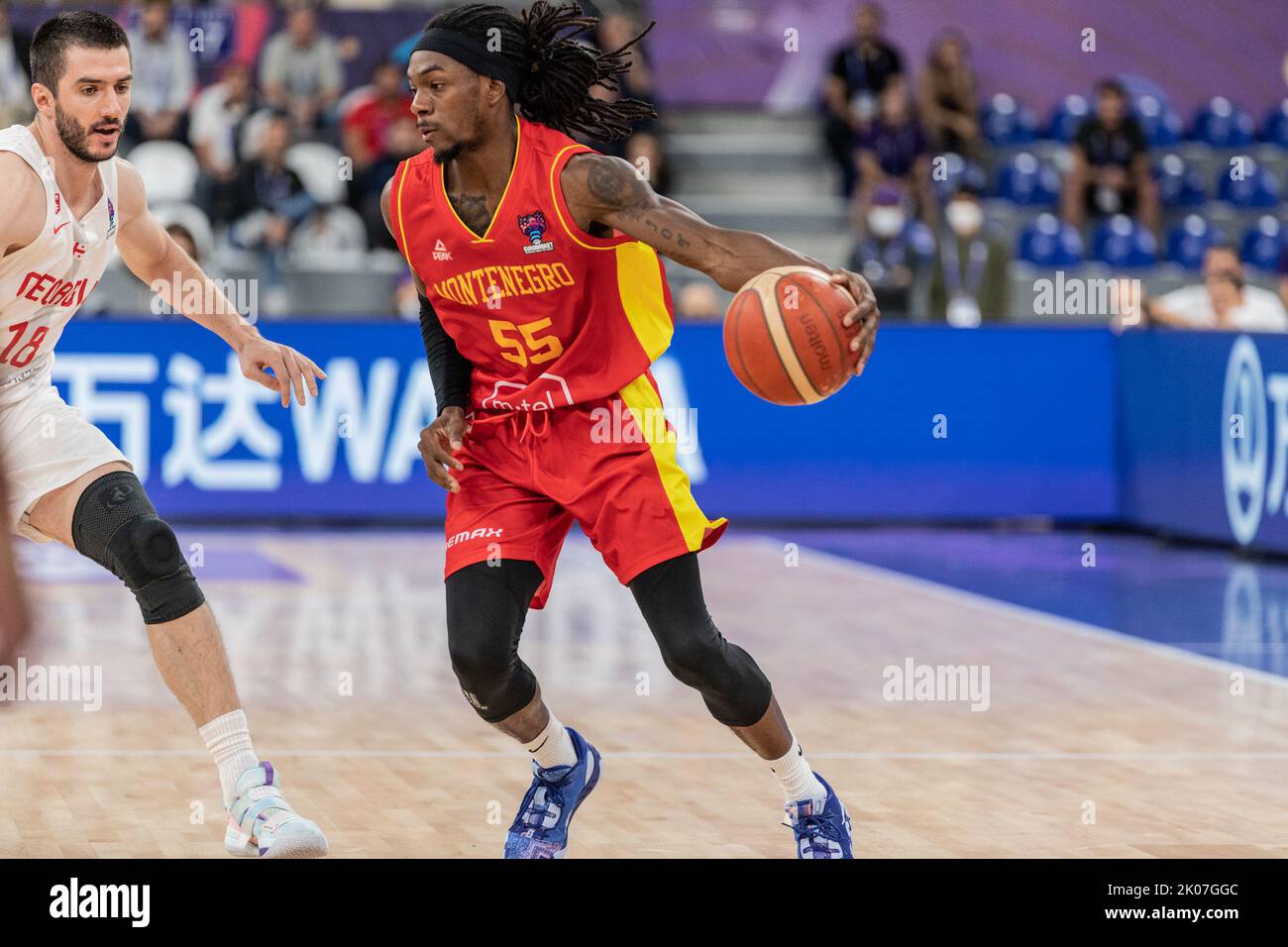 Tbilisi, Georgia. 07th Sep, 2022. Merab Bokolishvili (L) of Georgia and Kendrick Perry (R) of Montenegro in action during Day 7 Group A of the FIBA EuroBasket 2022 between Georgia and Montenegro at Tbilisi Arena. Final score; Montenegro 81:73 Georgia. Credit: SOPA Images Limited/Alamy Live News Stock Photo