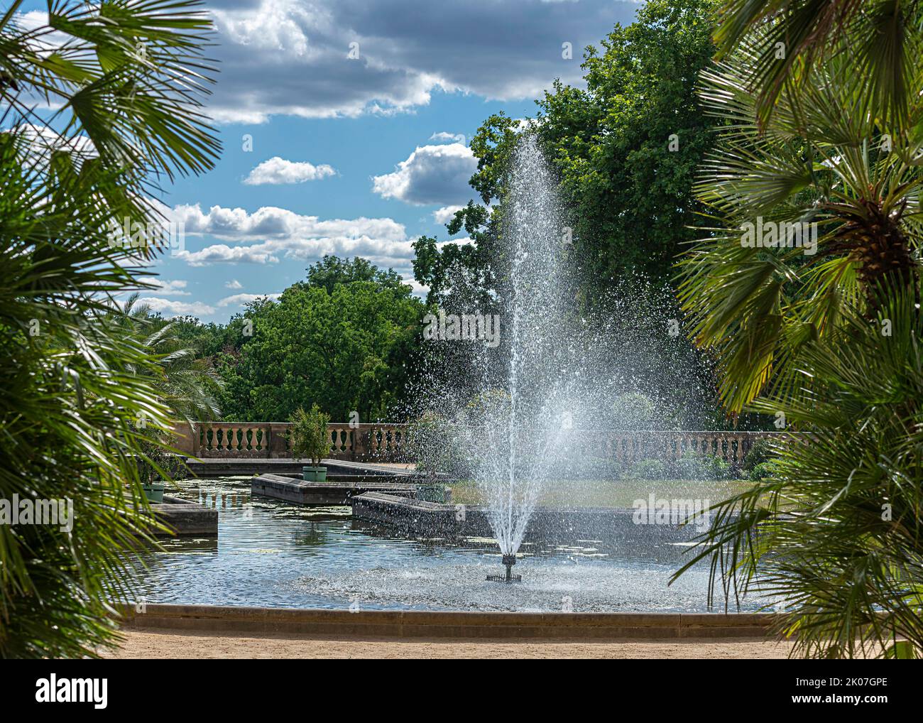 Fountain with water fountain at the Orangery Palace in Sanssouci Park, UNESCO World Heritage Site, Potsdam, Brandenburg, Germany Stock Photo