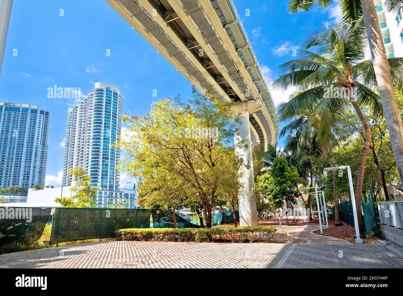 Miami downtown street view under mover train track, Florida state, United States of America Stock Photo
