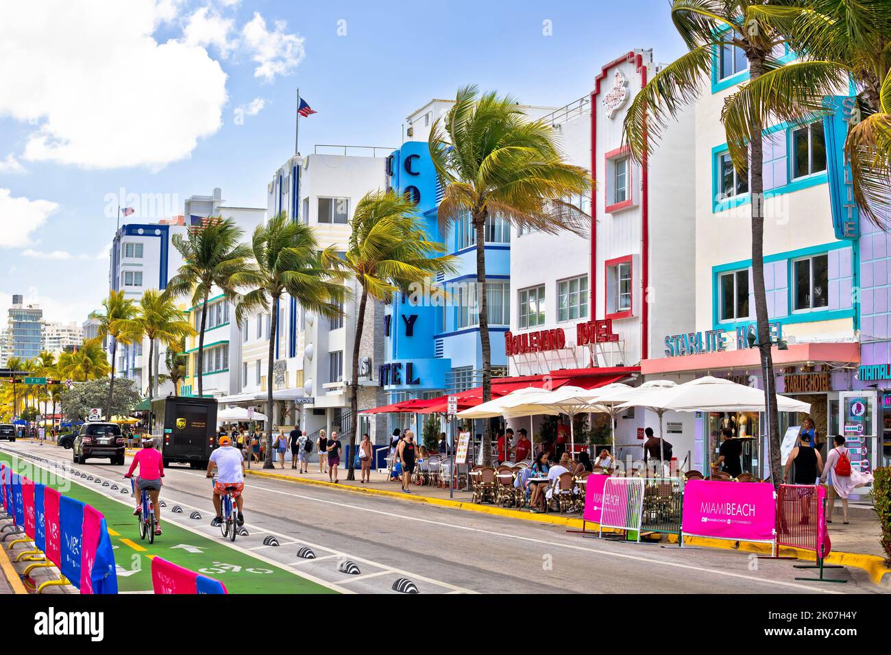 Miami Beach, Florida, USA, March 30 2022: Colorful street of Miami Beach Ocean Drive architecture view, Florida state of USA. Ocean Drive is most famo Stock Photo